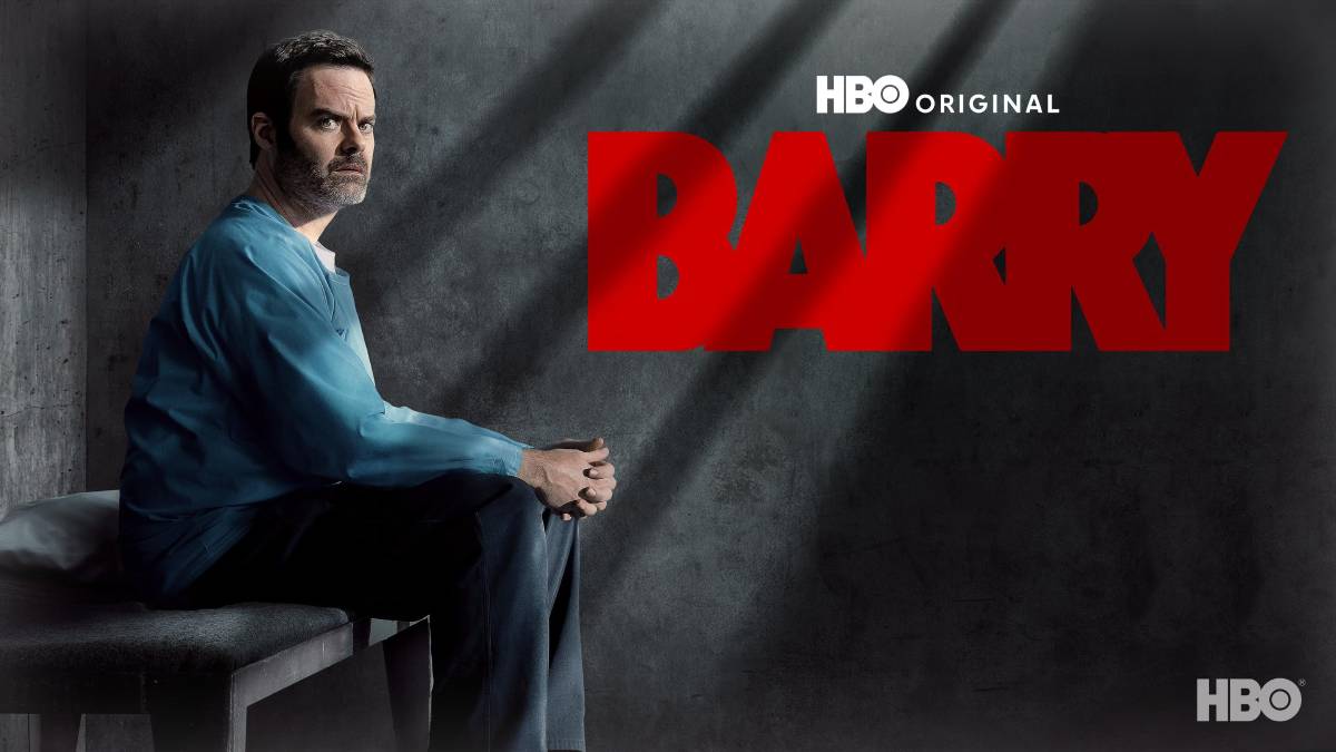 Promotional image for the HBO series Barry, featuring a man in a blue shirt sitting, with the show's title in red overhead.