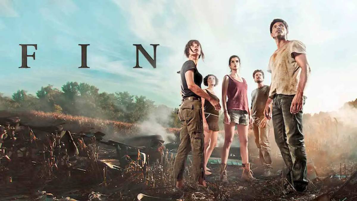 Five people stand amid airplane wreckage in a rural setting, under a word FIN in movie poster style.