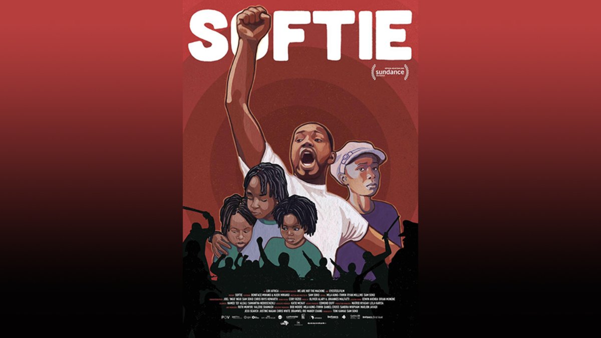 Movie poster for 'Softie' with a man raising his fist, surrounded by children, all stylized in vibrant red tones.