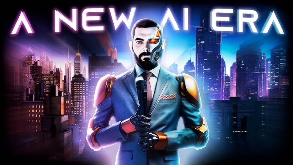 Futuristic man with cybernetic eye-piece against a neon-lit cityscape, under the text A NEW ERA