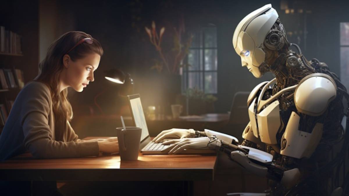 A woman and a humanoid robot working together at a desk in a dimly lit room with books and a window.