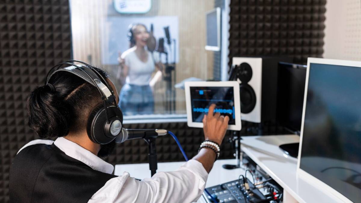 Music producer in studio operating equipment with female singer recording in booth.