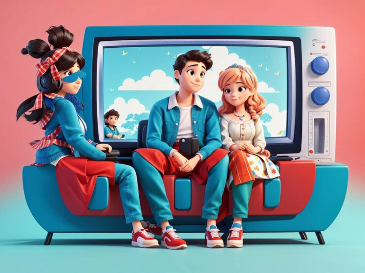 Three colorful animated characters sit on a vintage couch, with a retro television in the background displaying a bright blue sky.