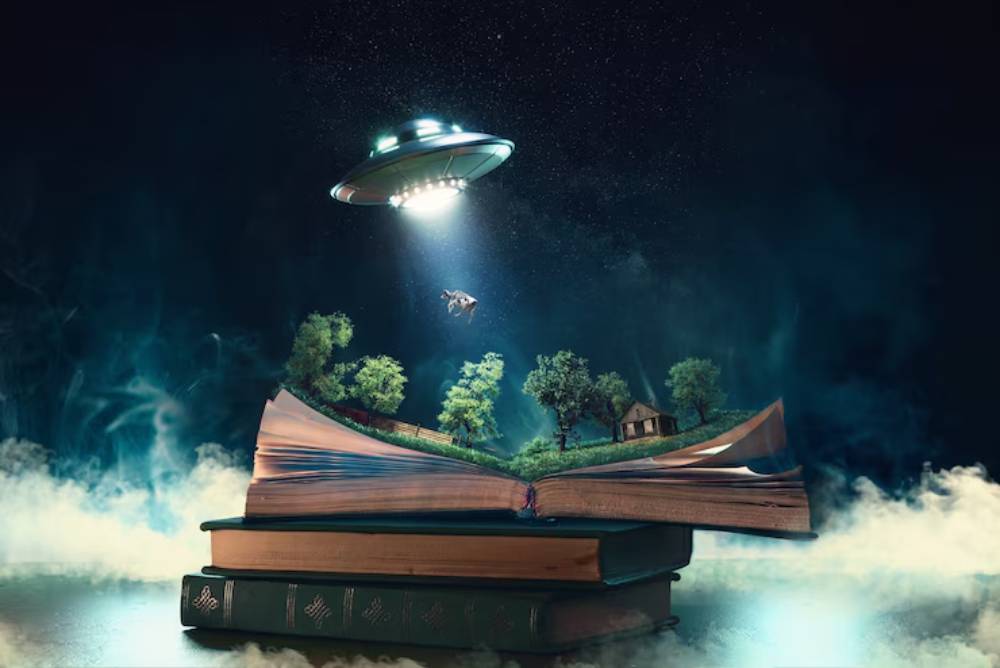 A whimsical scene of a UFO hovering above an open book, revealing a landscape with trees and a house, illuminated by mysterious light.