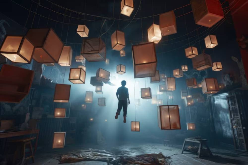 A child levitates amidst glowing lanterns in a dimly lit room, surrounded by an ethereal mist and mysterious shadows.