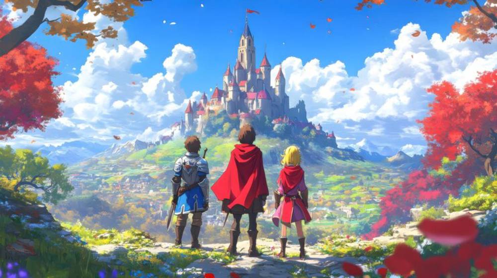 Three adventurers in cloaks gaze at a majestic castle amidst vibrant autumn foliage and a bright blue sky, hinting at a grand journey.