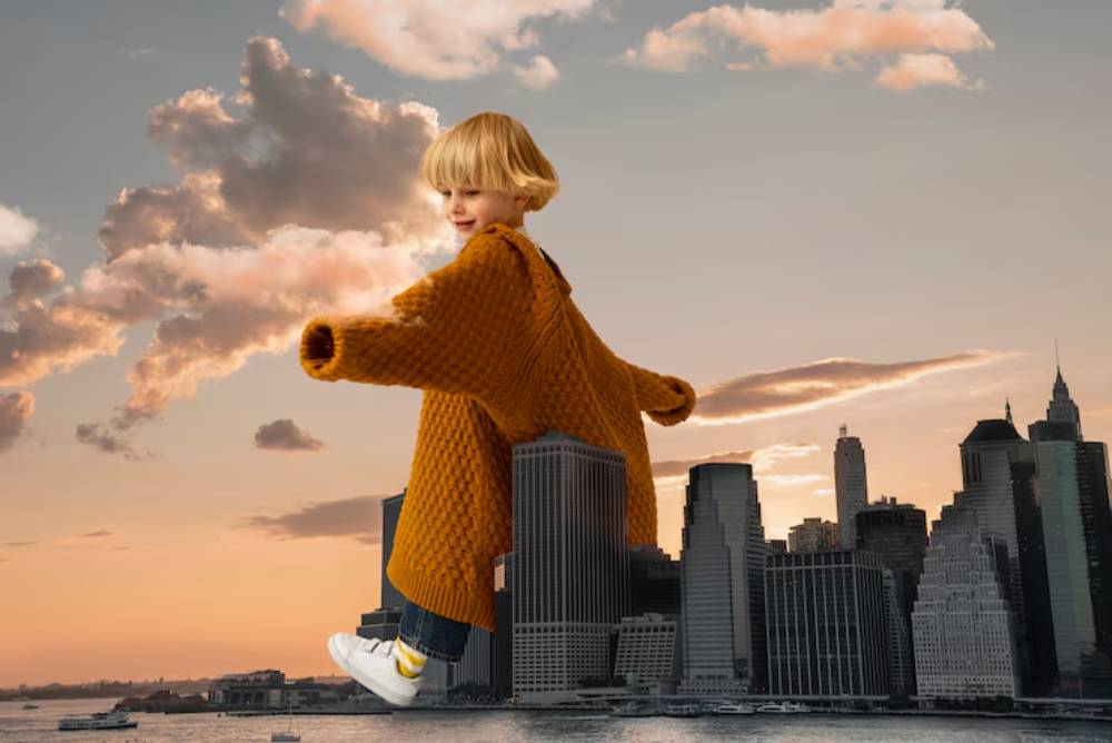 A child with short blonde hair wears a bright orange sweater and stands playfully among New York City skyscrapers at sunset.