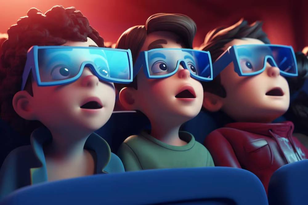 Three animated children wearing 3D glasses sit in a theater, engaged and excited as they watch a movie in a dimly lit setting.