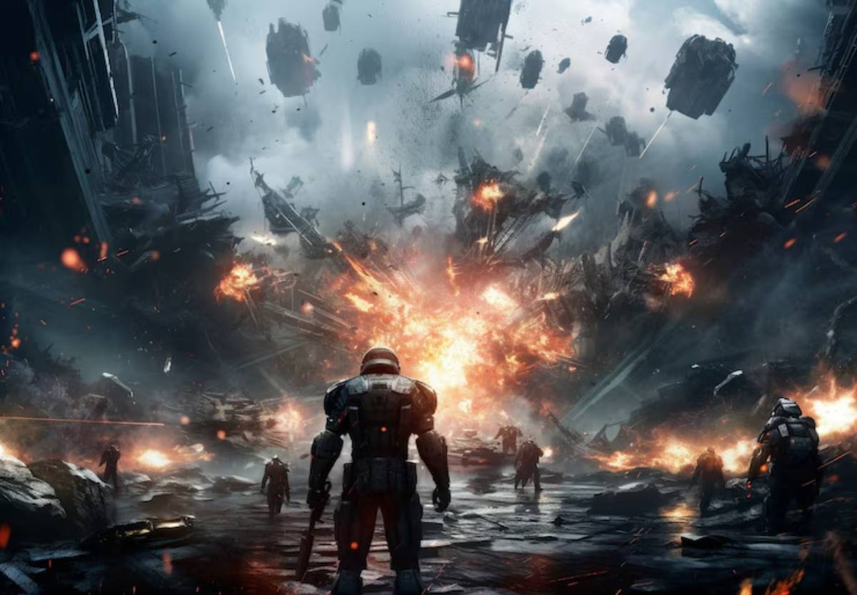 A soldier stands amidst a fiery explosion and debris in a desolate sci-fi landscape, with others advancing in the chaotic scene.