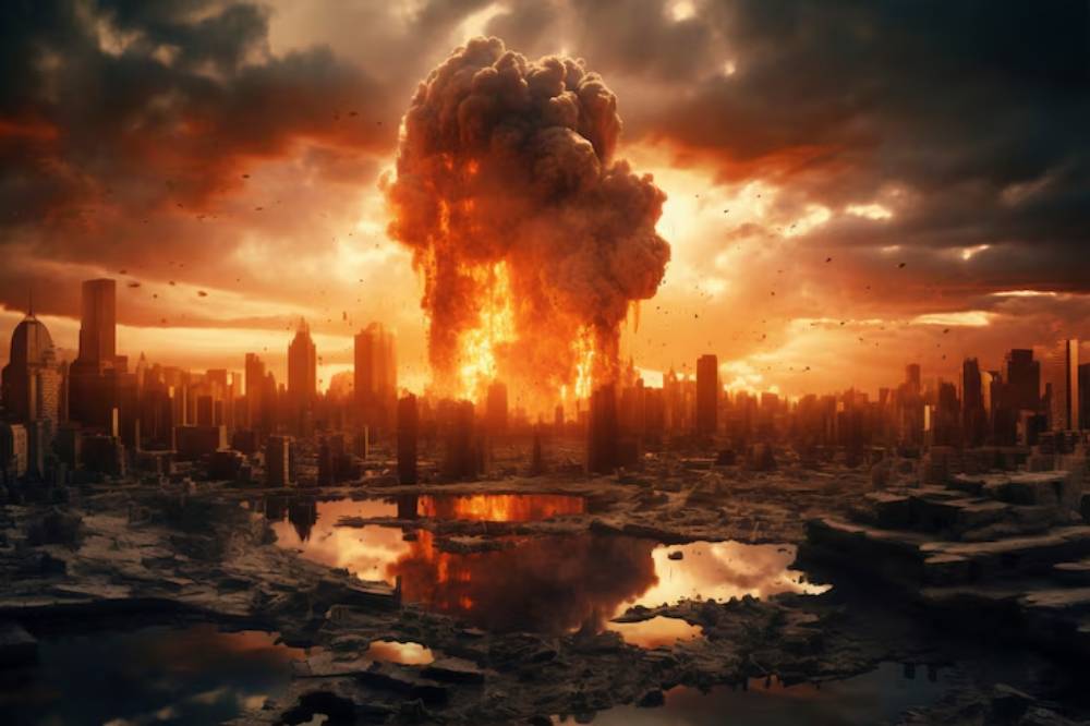 A massive explosion engulfs a city skyline, casting fiery light against a dark, stormy sky, reflecting destruction on nearby water.