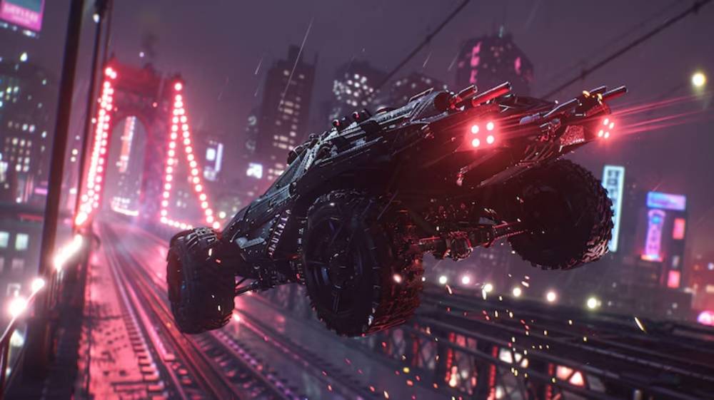 A futuristic vehicle leaps over a bridge in a neon-lit cityscape, surrounded by rain, with bright lights illuminating its sleek design.