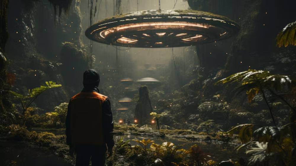 A person stands in a lush, mystical cave, gazing up at hovering UFOs illuminated by soft light amidst vibrant greenery.