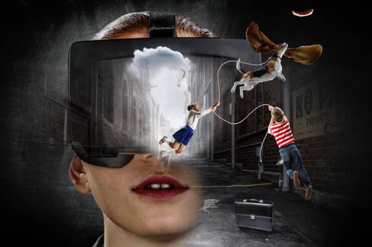 A virtual reality scene depicts a child in a striped shirt being pulled by a dog chasing a floating sausage in an urban alleyway.