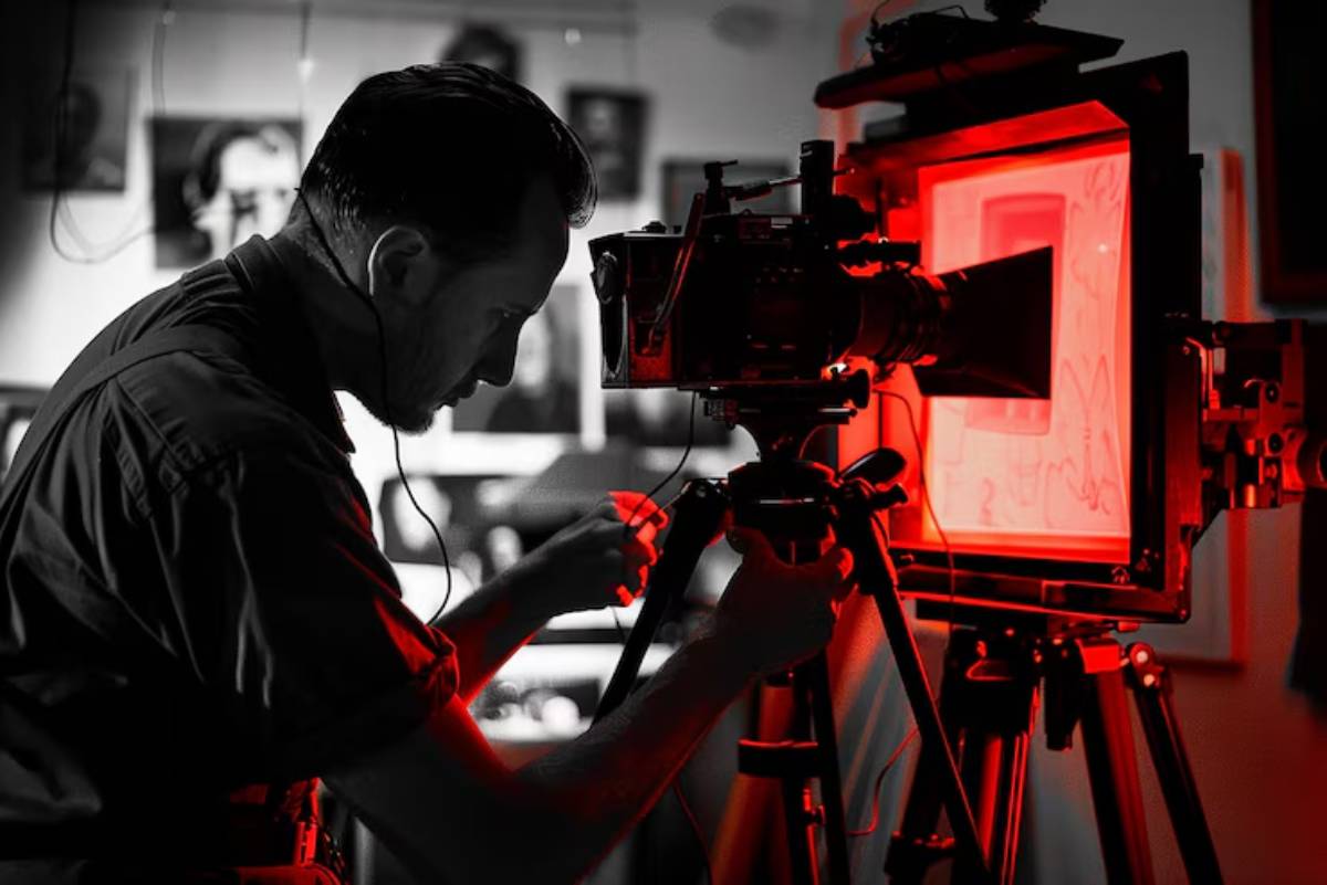 A cameramanr adjusts a vintage camera under red lighting, set against an artistic backdrop in a dimly lit studio.