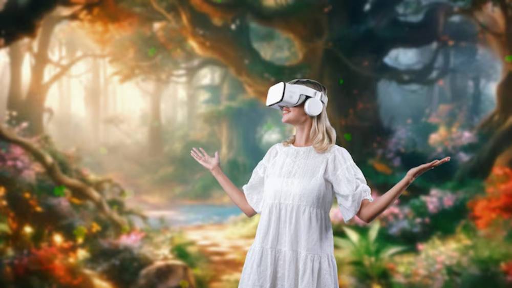 A person wearing a virtual reality headset stands in a vibrant, sunlit forest, surrounded by lush greenery and colorful flowers.