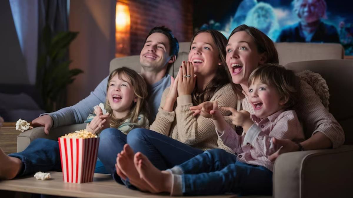 A family gathered on a couch, enjoying a comedy movie night with popcorn, showing engaged expressions and relaxed body language.