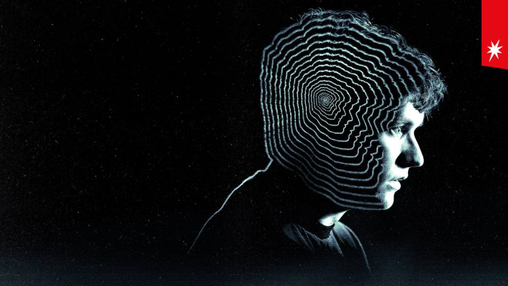 A silhouette of a person with hypnotic spiral patterns radiating from their head against a dark background. poster  of movie - Black Mirror: Bandersnatch 