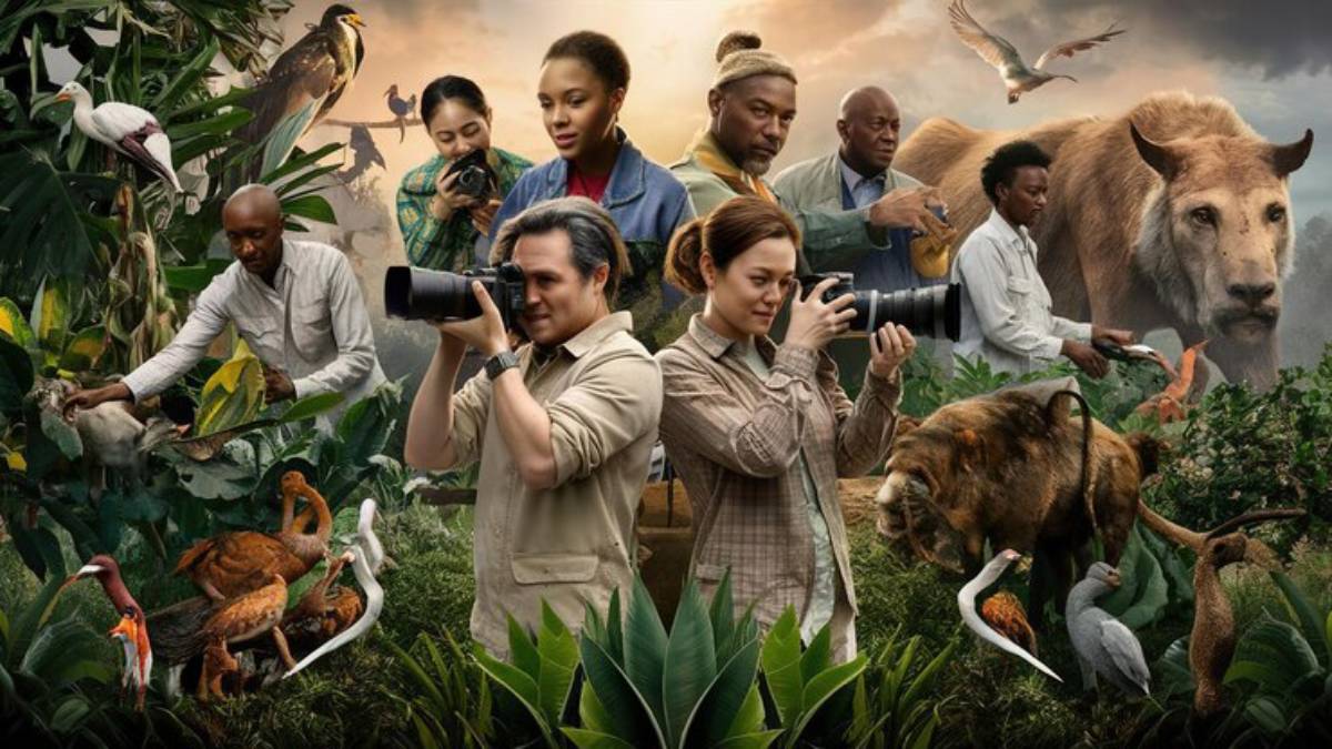 A diverse group of people holds cameras in a lush, vibrant jungle filled with various birds and a lion.