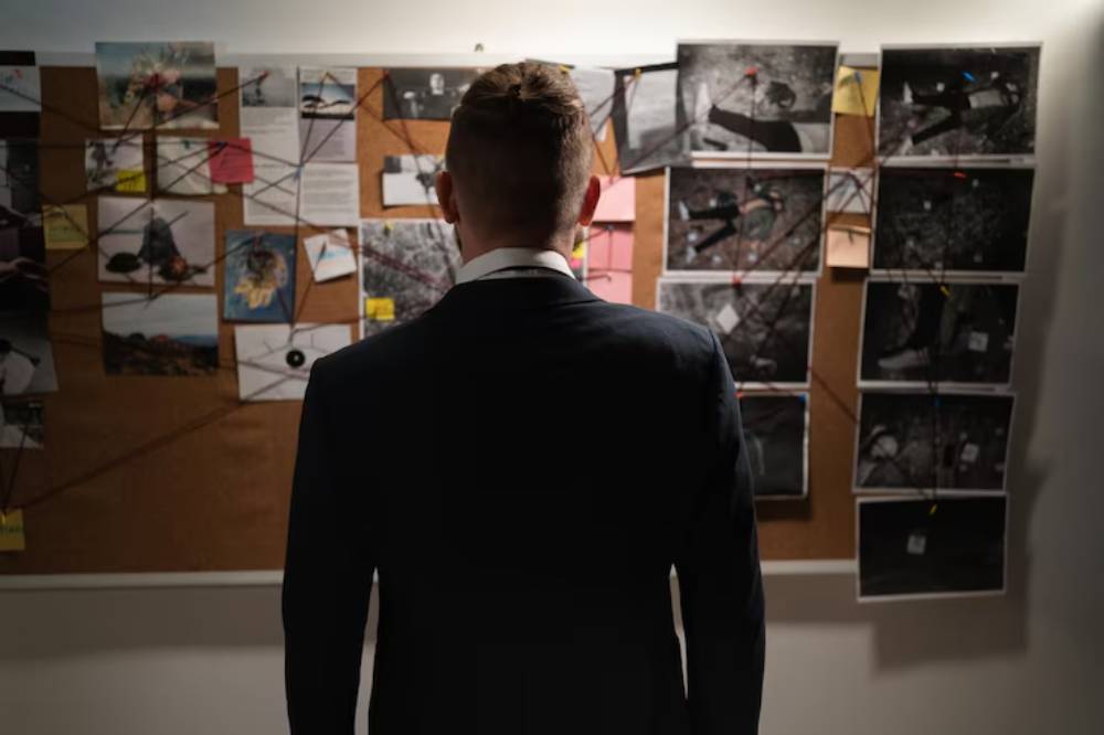 A man in a suit stands with his back to a corkboard filled with photographs, notes, and strings connecting various images in a detective-like setup.
