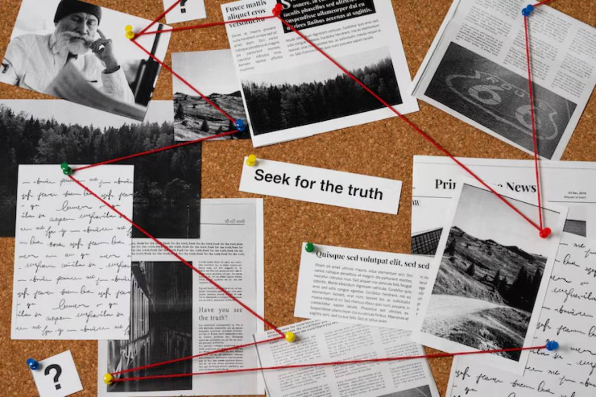 A corkboard cluttered with black-and-white photos, typed articles, handwritten notes, and red string linking them, featuring "Seek for the truth."