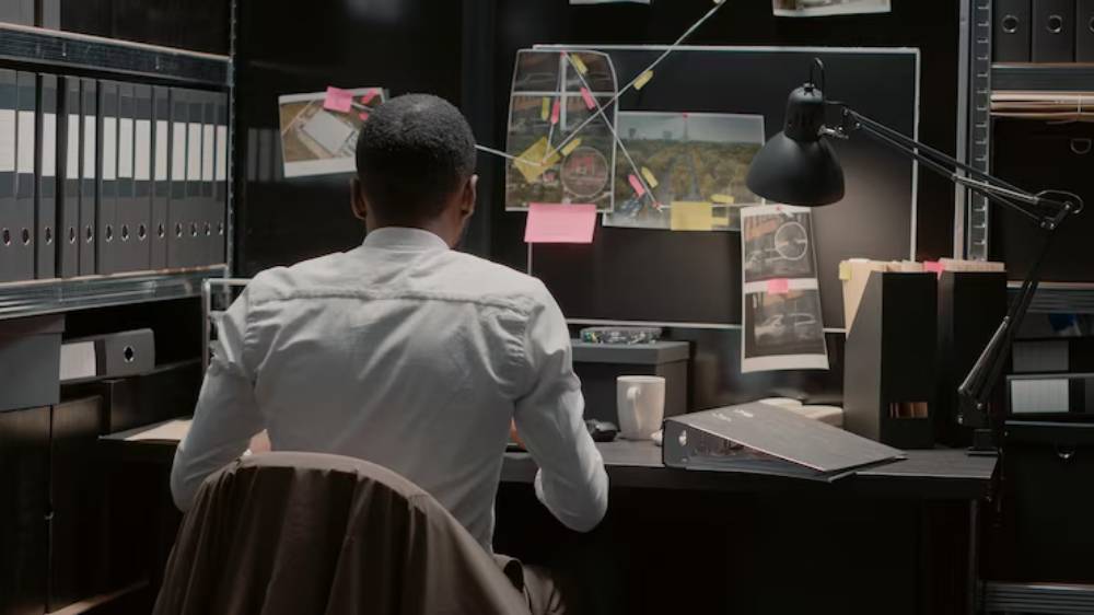A man in a white shirt sits at a desk surrounded by files, photographs, and notes, deep in thought in a dimly lit office.