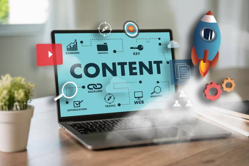 A laptop screen displays the word 'CONTENT' surrounded by icons representing digital marketing concepts like SEO, backlinks, and analytics.