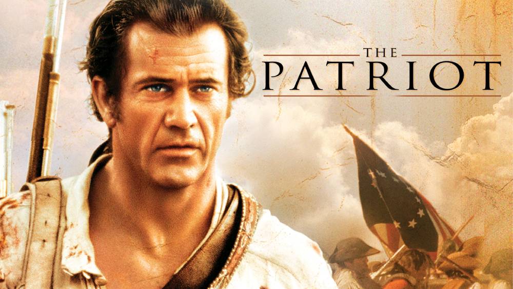 Movie poster for 'The Patriot,' featuring a soldier against a historic backdrop with American revolution scenes and cannons.