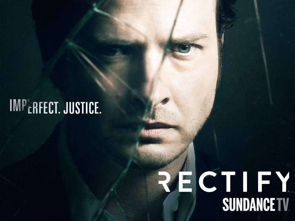 Promotional poster for 'Rectify,' featuring dark tones, a reflective surface, and the words 'Imperfect. SundancenTV.'