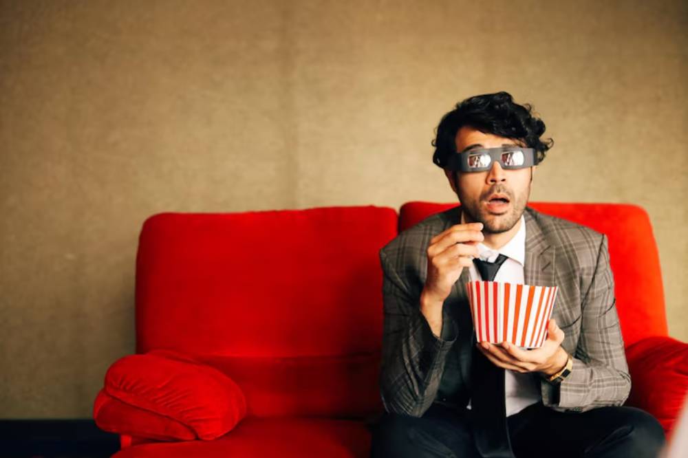 A man in a suit sits on a bright red couch, holding a striped popcorn bucket and gazing thoughtfully while enjoying a movie.