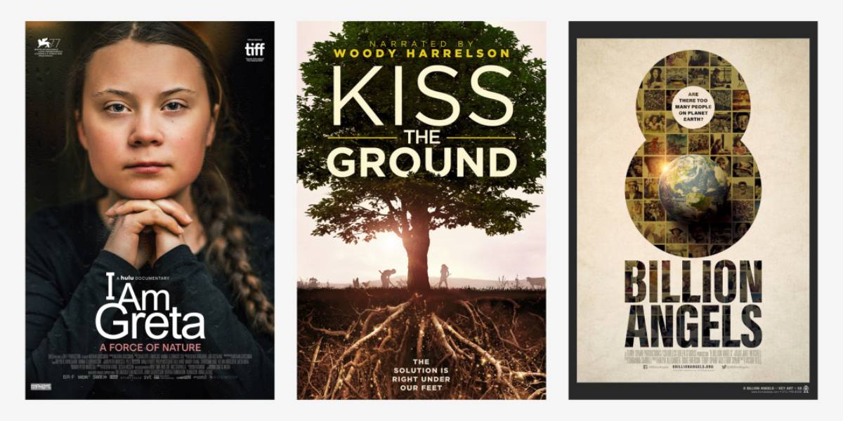 Three environmental documentary posters: "I Am Greta, Kiss the Ground, and 8 Billion Angels, each featuring thematic visuals.