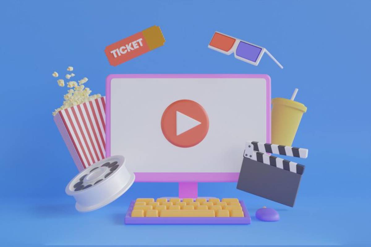 A colorful computer screen with a play button surrounded by popcorn, a 3D movie ticket, 3D glasses, and a film reel.