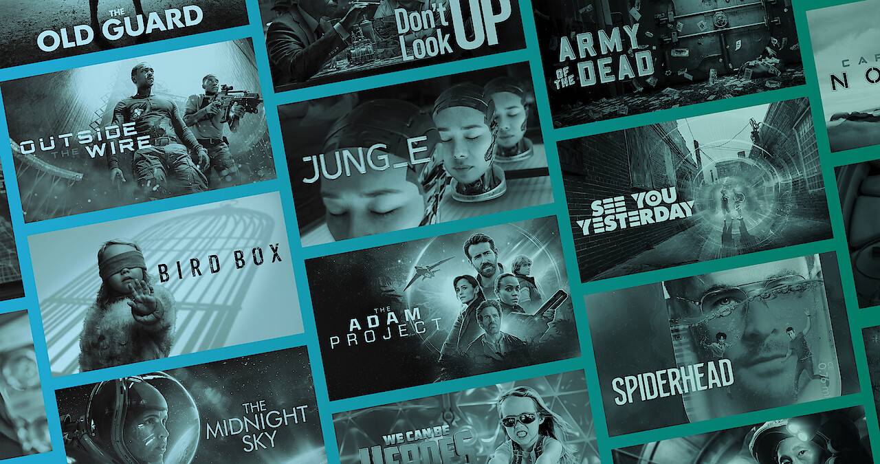 A collage of movie posters featuring titles like "The Old Guard," "Bird Box," and "Army of the Dead," on a teal background.