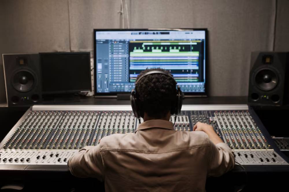 A sound engineer mixes music at a studio, focused on a large digital audio workstation screen and a detailed mixing console.