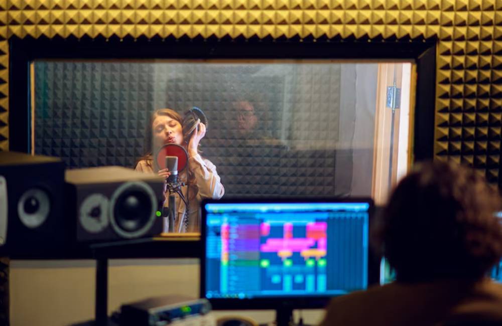 A person records vocals in a soundproof booth, surrounded by acoustic panels, while an audio engineer monitors the session at a computer.
